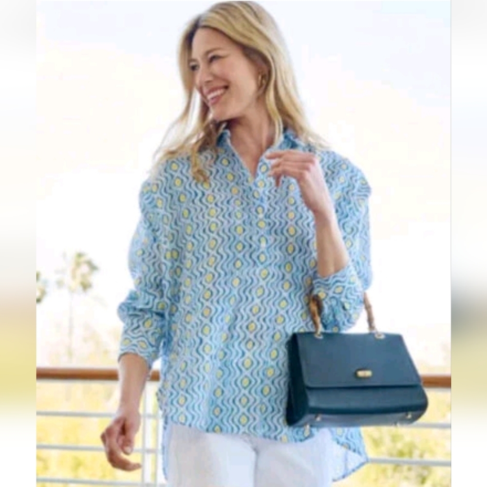 J.McLaughlin Fallon Tunic Popover Blouse Sz Sm Blue Yellow Beach Boho